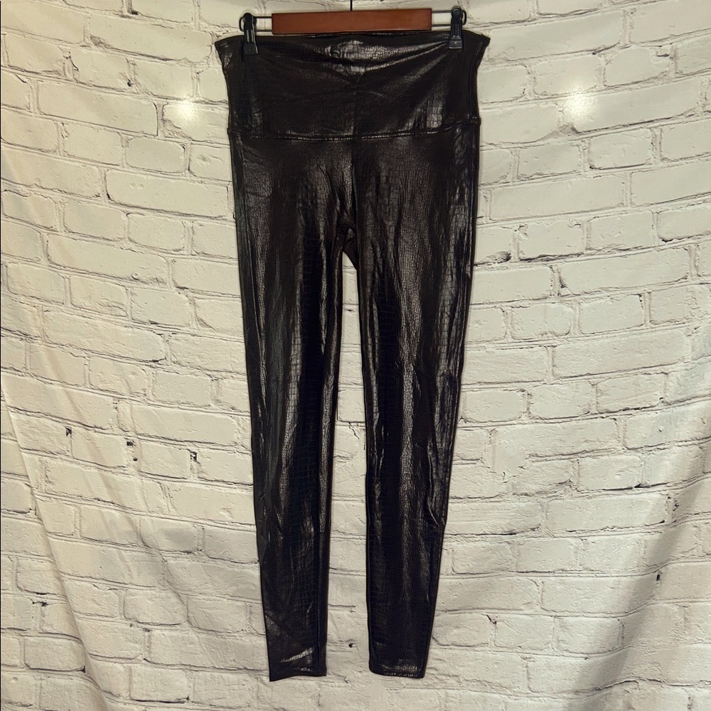 Spanx Chocolate Brown Faux Leather Snakeskin Print Leggings Size X-Large
